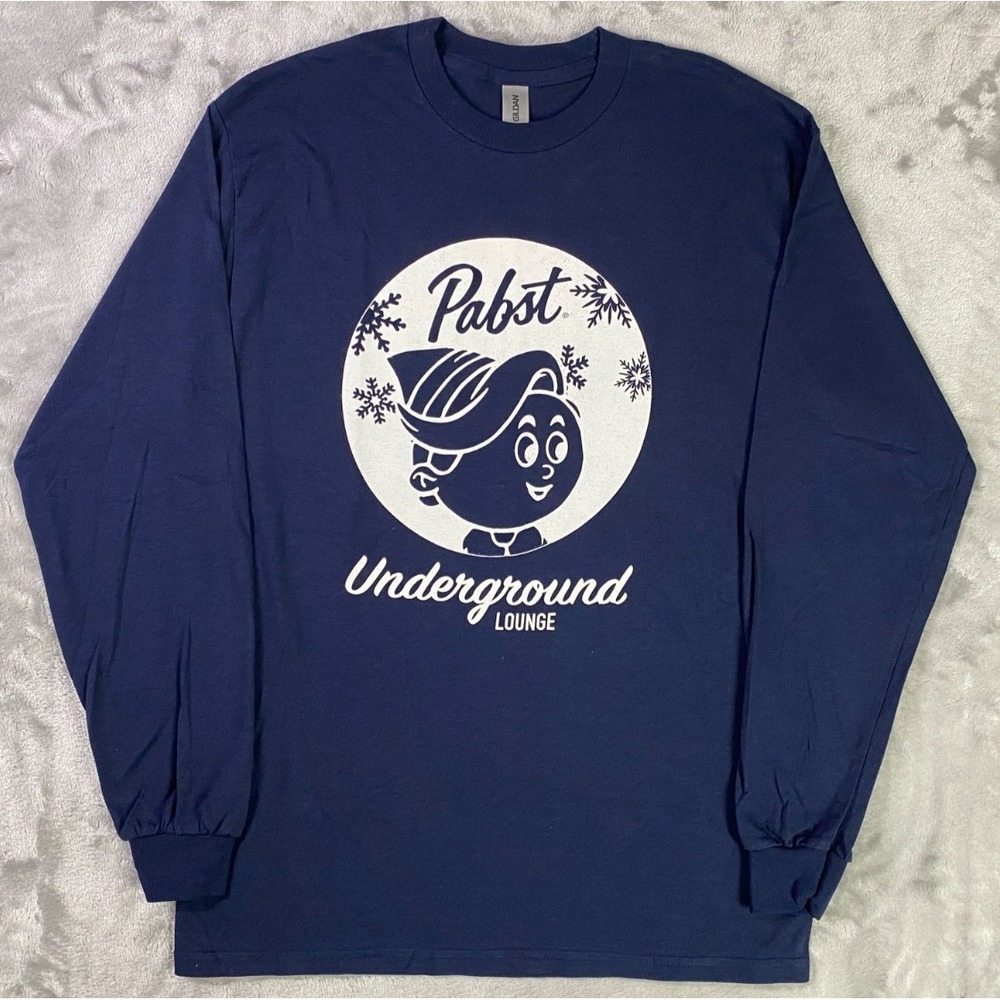 Gildan Pabst Underground Lounge Long Sleeve T-Shirt Men Medium Navy Blue Graphic